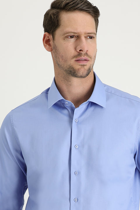 Açık Mavi Uzun Kol Slim Fit Dar Kesim Klasik Non Iron Pamuklu Gömlek