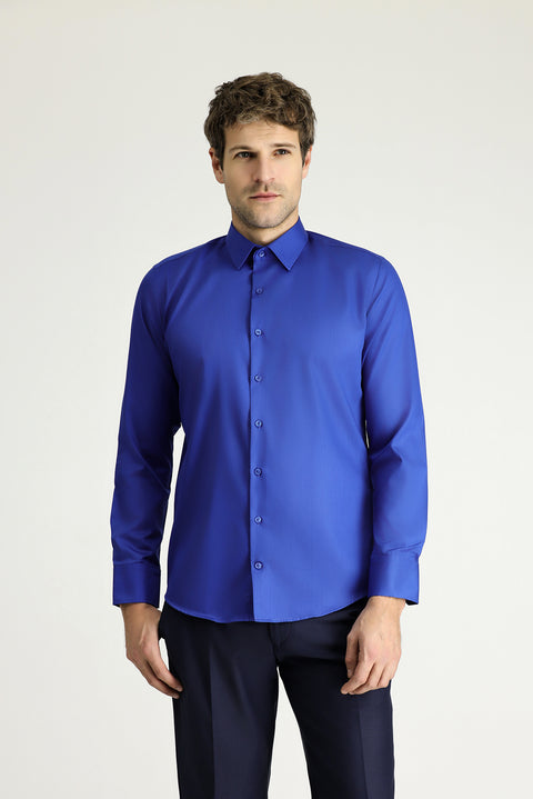 Saks Mavi Uzun Kol Slim Fit Dar Kesim Klasik Non Iron Pamuklu Gömlek