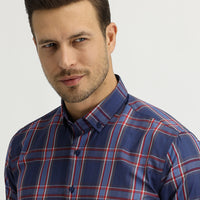 Koyu Lacivert Uzun Kol Ekose Slim Fit Dar Kesim Gömlek