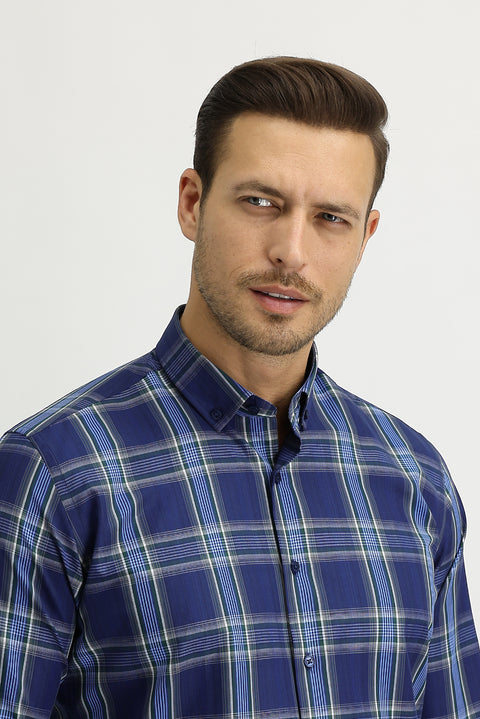 Koyu Lacivert Uzun Kol Ekose Slim Fit Dar Kesim Gömlek
