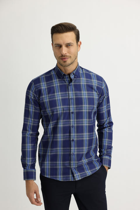Koyu Lacivert Uzun Kol Ekose Slim Fit Dar Kesim Gömlek