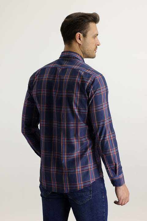 Koyu Lacivert Uzun Kol Ekose Slim Fit Dar Kesim Gömlek