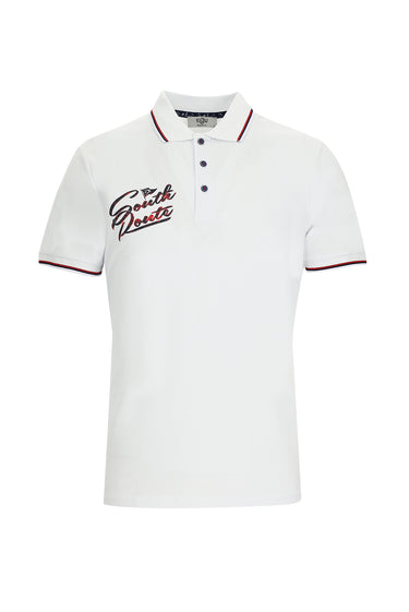 Beyaz Polo Yaka Regular Fit Desenli Pamuk Tişört