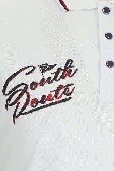 Beyaz Polo Yaka Regular Fit Desenli Pamuk Tişört