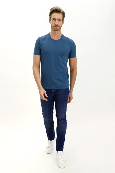Koyu İndigo Bisiklet Yaka Slim Fit Dar Kesim Pamuk Tişört