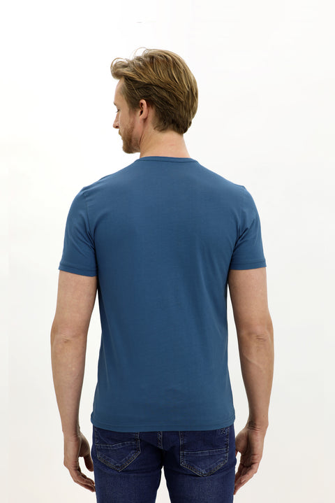 Koyu İndigo Bisiklet Yaka Slim Fit Dar Kesim Pamuk Tişört