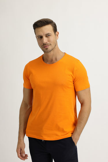 Açık Turuncu Bisiklet Yaka Slim Fit Dar Kesim Pamuk Tişört