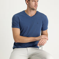 Koyu İndigo V Yaka Slim Fit Dar Kesim Nakışlı Tişört