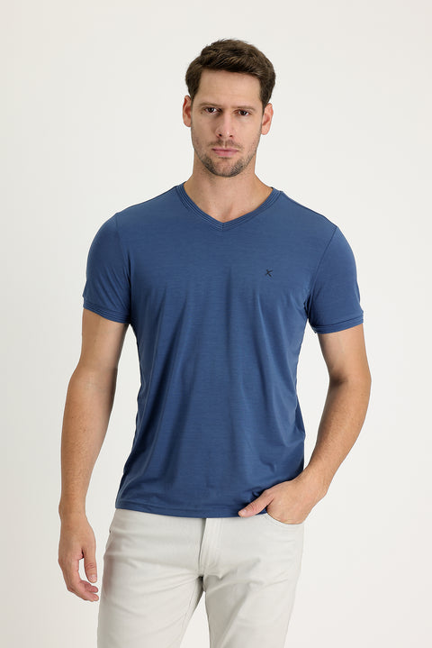 Koyu İndigo V Yaka Slim Fit Dar Kesim Nakışlı Tişört