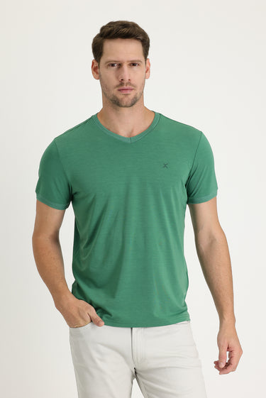 Orman Yeşili V Yaka Slim Fit Dar Kesim Nakışlı Tişört