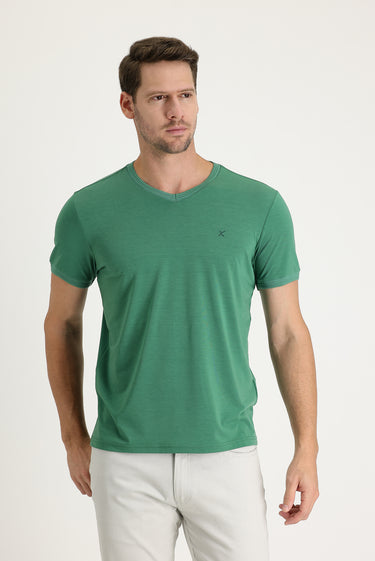Orman Yeşili V Yaka Slim Fit Dar Kesim Nakışlı Tişört