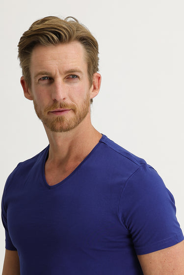 Saks Mavi V Yaka Slim Fit Dar Kesim Pamuk Tişört