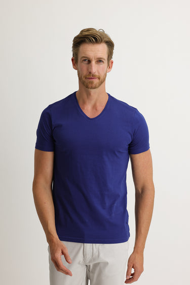 Saks Mavi V Yaka Slim Fit Dar Kesim Pamuk Tişört