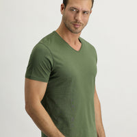 Military Khaki V-Neck Slim Fit Narrow Cut Cotton T-Shirt