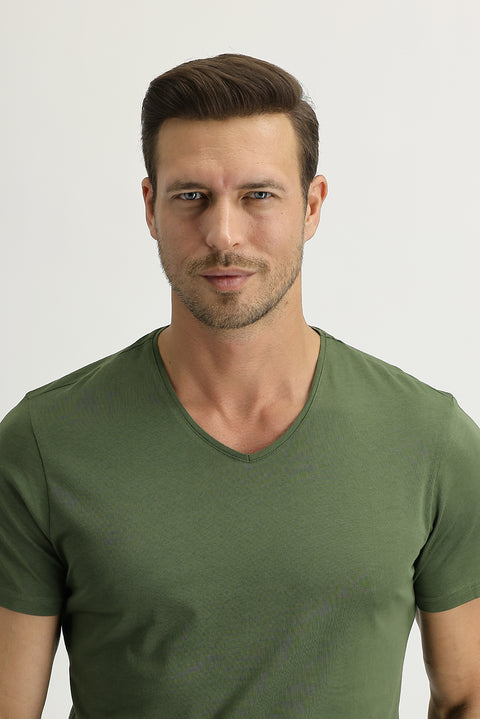 Military Khaki V-Neck Slim Fit Narrow Cut Cotton T-Shirt