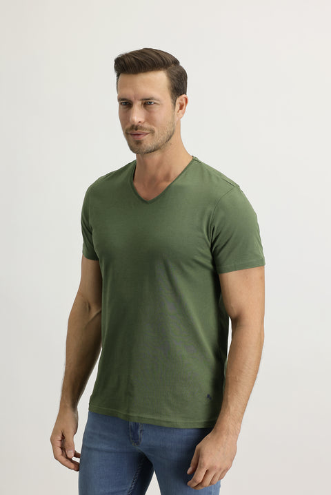 Military Khaki V-Neck Slim Fit Narrow Cut Cotton T-Shirt