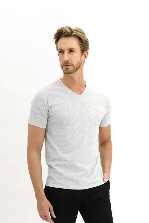 Light Grey Melange V-Neck Slim Fit Cotton T-Shirt