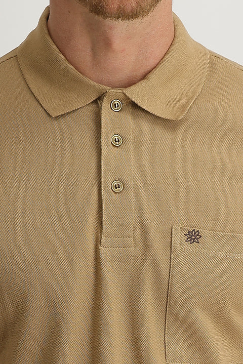 Brown Pocketed Polo Neck Regular Fit Embroidered Cotton T-Shirt