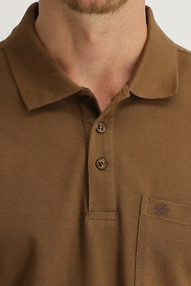 Orta Kahve Cepli Polo Yaka Regular Fit Nakışlı Pamuk Tişört