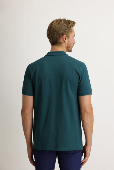 Zümrüt Yeşili Cepli Polo Yaka Regular Fit Nakışlı Pamuk Tişört