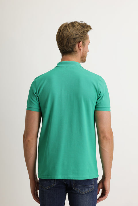 Koyu Yeşil Cepli Polo Yaka Regular Fit Nakışlı Pamuk Tişört