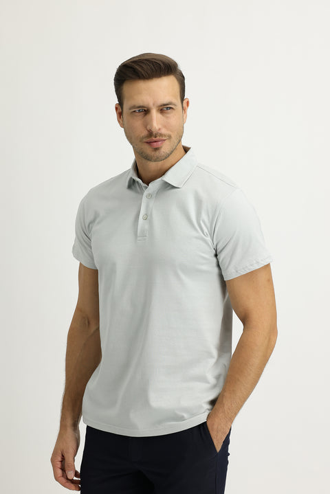 Gümüş Renk Polo Yaka Regular Fit Pamuk Tişört