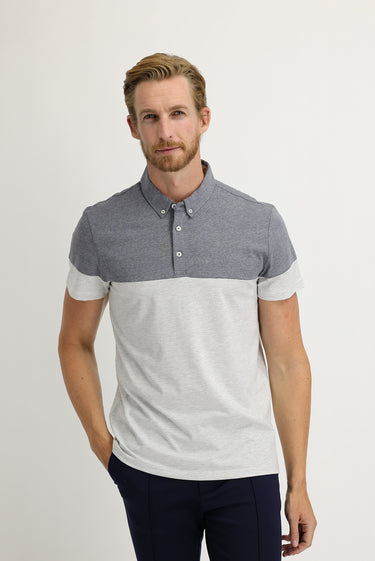 Orta Gri Melanj Polo Yaka Regular Fit Desenli Pamuklu Tişört