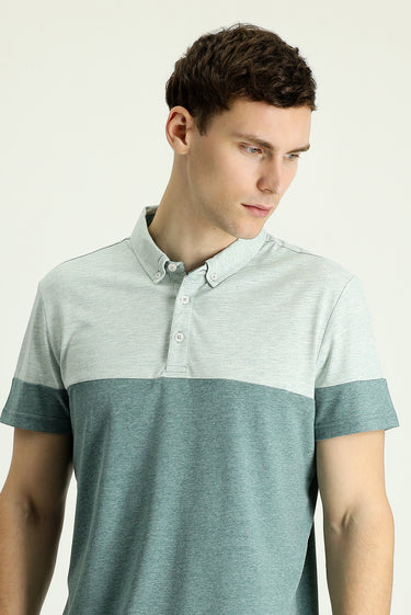 Su Yeşili Polo Yaka Regular Fit Desenli Tişört