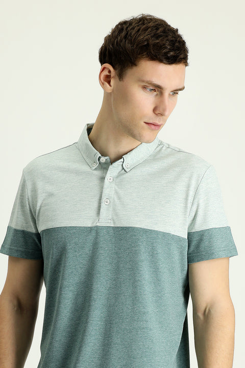 Aqua Green Polo Collar Regular Fit Patterned T-shirt