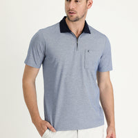 Mid Navy Pocketed Polo Neck Regular Fit Zippered Embroidered T-shirt
