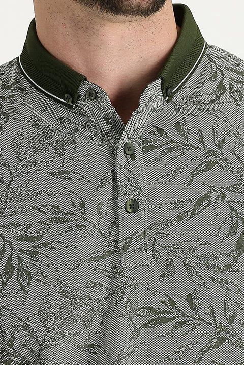 Orta Haki Polo Yaka Regular Fit Desenli Tişört