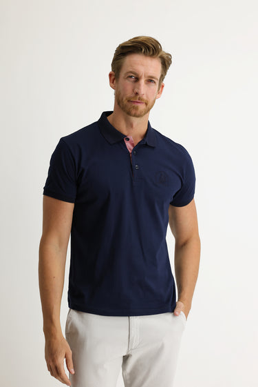 Orta Lacivert Polo Yaka Slim Fit Dar Kesim Desenli Tişört