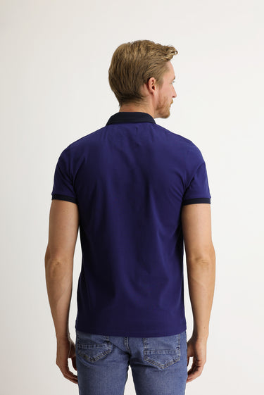 Gök Mavisi Polo Yaka Slim Fit Dar Kesim Desenli Tişört