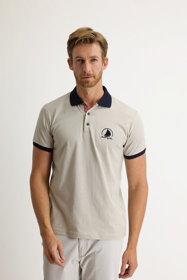 Ekru Polo Yaka Slim Fit Dar Kesim Desenli Tişört
