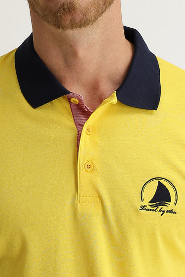 Açık Sarı Polo Yaka Slim Fit Dar Kesim Desenli Tişört