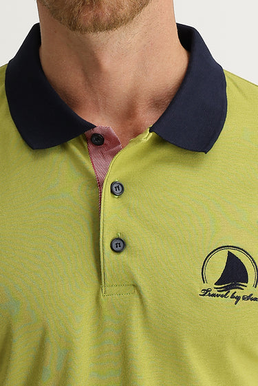 Yağ Yeşili-Olive Polo Yaka Slim Fit Dar Kesim Desenli Tişört