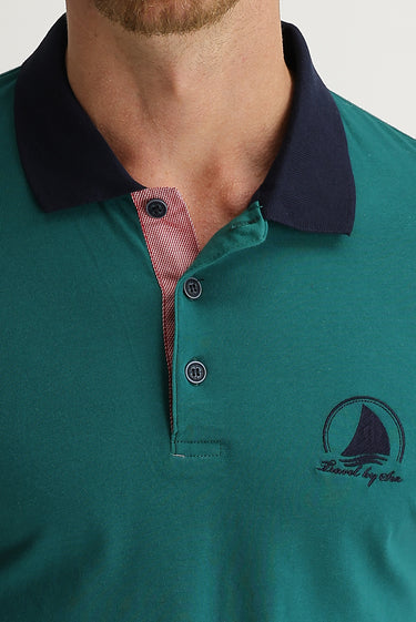 Koyu Yeşil Polo Yaka Slim Fit Dar Kesim Desenli Tişört