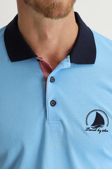 Orta Turkuaz Polo Yaka Slim Fit Dar Kesim Desenli Tişört