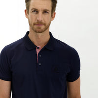 Orta Lacivert Polo Yaka Slim Fit Dar Kesim Desenli Pamuk Tişört