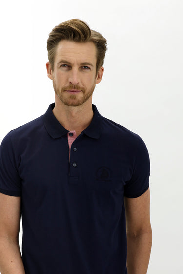 Orta Lacivert Polo Yaka Slim Fit Dar Kesim Desenli Pamuk Tişört