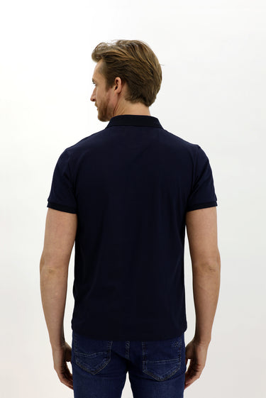 Orta Lacivert Polo Yaka Slim Fit Dar Kesim Desenli Pamuk Tişört