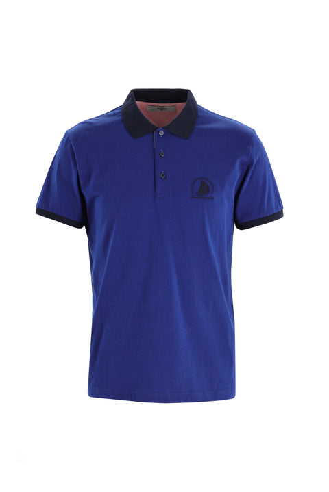 Su Mavisi Polo Yaka Slim Fit Dar Kesim Desenli Pamuk Tişört