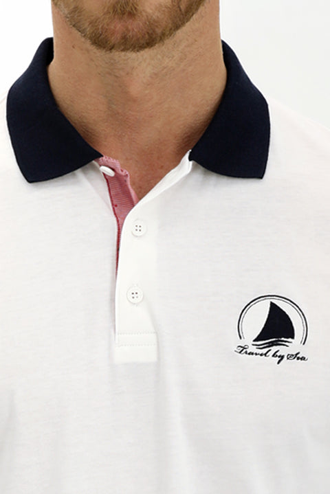 White Polo Collar Slim Fit Patterned Cotton T-shirt