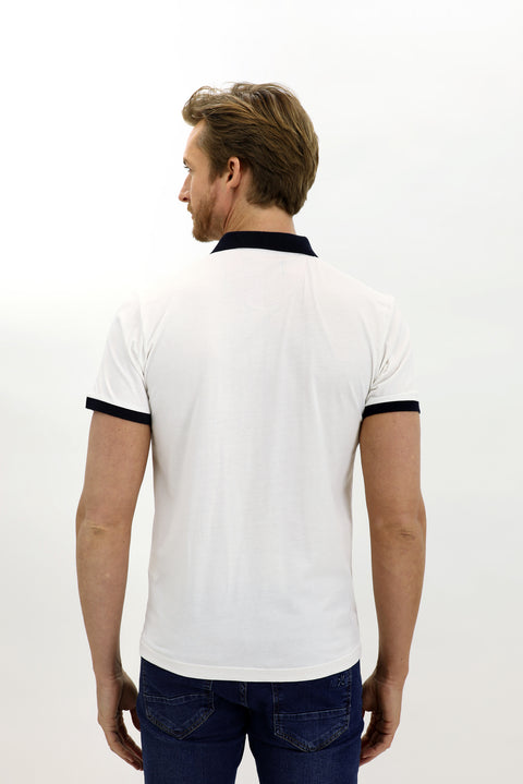 White Polo Collar Slim Fit Patterned Cotton T-shirt