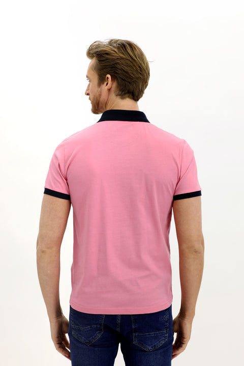 Şeker Pembe Polo Yaka Slim Fit Dar Kesim Desenli Pamuk Tişört