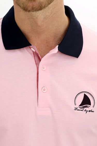 Pembe Polo Yaka Slim Fit Dar Kesim Desenli Pamuk Tişört