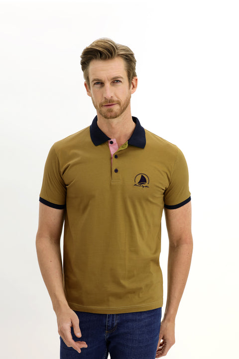 Yağ Yeşili-Olive Polo Yaka Slim Fit Dar Kesim Desenli Pamuk Tişört