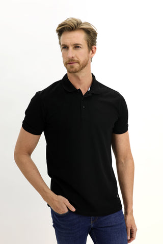 Siyah Polo Yaka Slim Fit Dar Kesim Nakışlı Pamuk Tişört