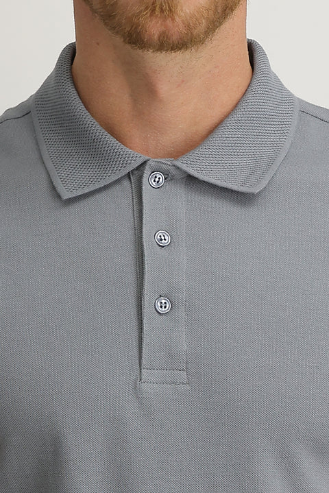 Orta Gri Polo Yaka Slim Fit Dar Kesim Nakışlı Pamuk Tişört