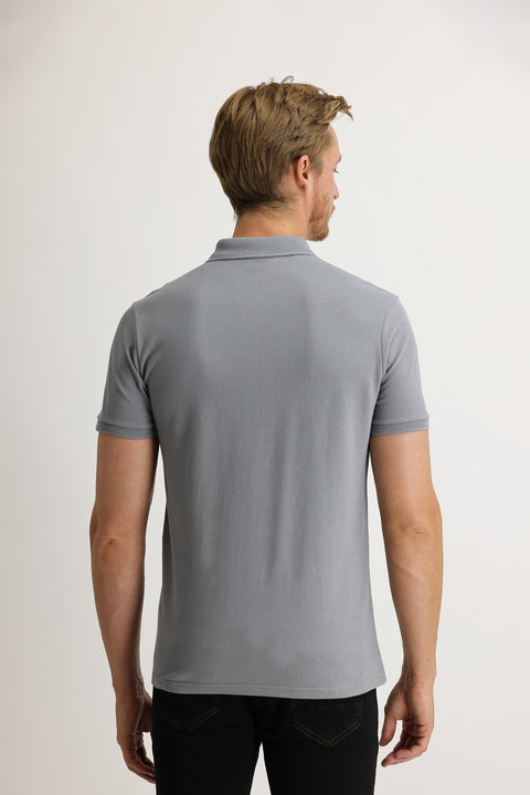 Orta Gri Polo Yaka Slim Fit Dar Kesim Nakışlı Pamuk Tişört